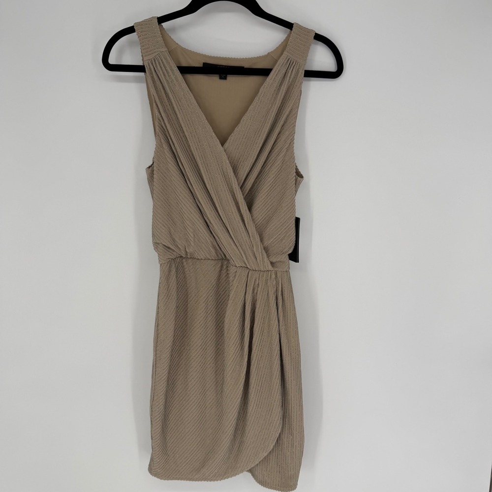 GUESS BEIGE METALLIC PLISSE SURPLICE SLEEVELESS WRAP MINI DRESS SMALL NWT